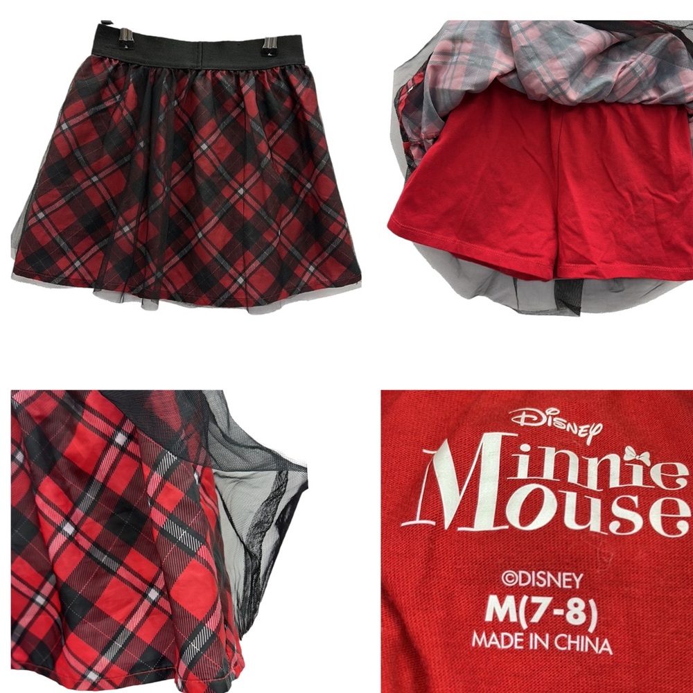 Disney Minnie Mouse Tulle Plaid Skirt Red Black Elastic Waist Skort Girls 7 8